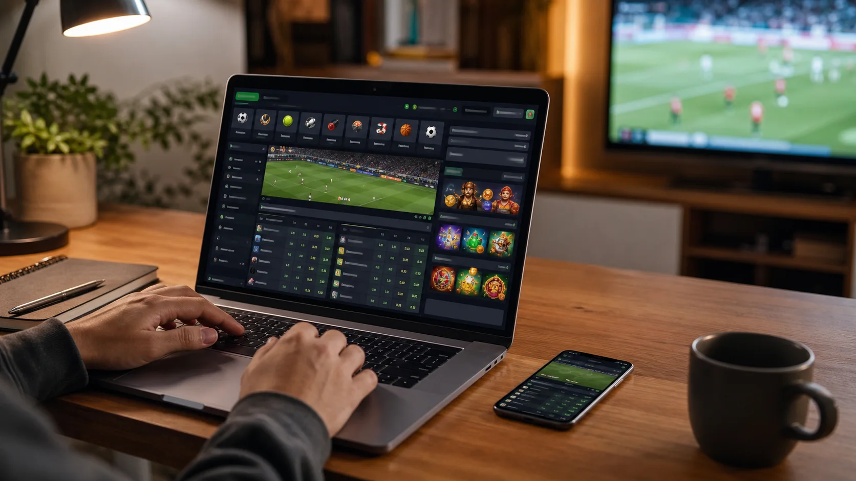 Plataforma esportbet em notebook e celular com apostas esportivas e cassino online